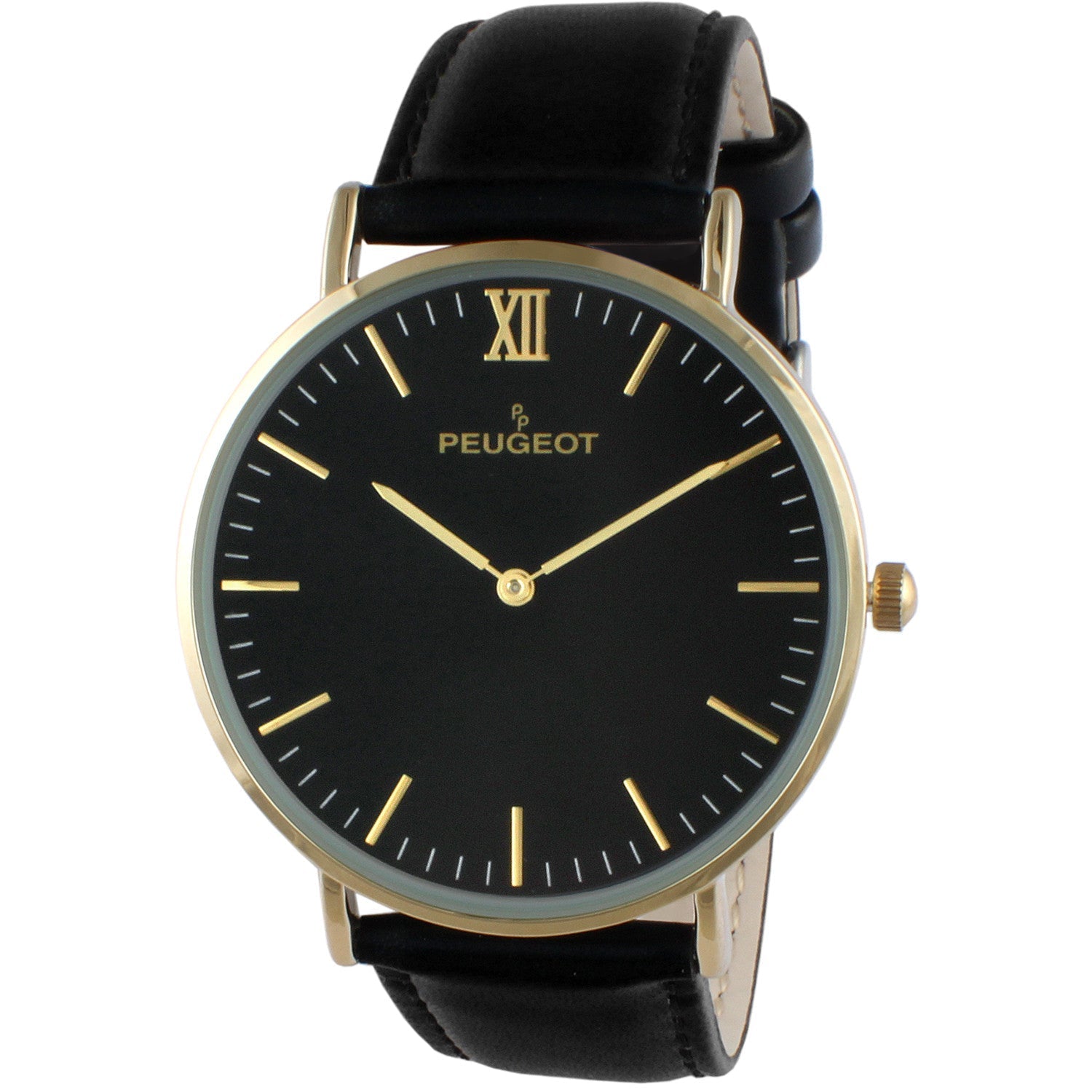 Men's 40mm Black Dial Super Slim Leather Strap Watch Peugeot Watches
