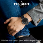 Men's 40mm Black Dial Silver Super Slim Case Leather Strap Watch Peugeot Watches