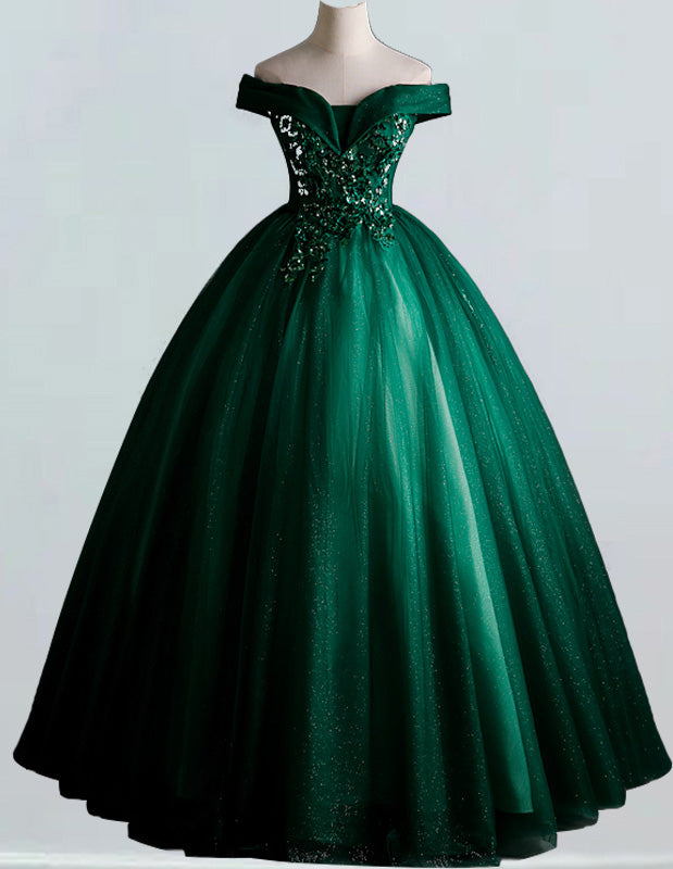 Off-Shoulder Green Tulle Prom Dress | Lace Applique Fairy Ball Gown for Women