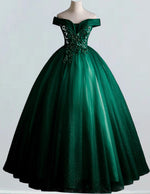 Off-Shoulder Green Tulle Prom Dress | Lace Applique Fairy Ball Gown for Women