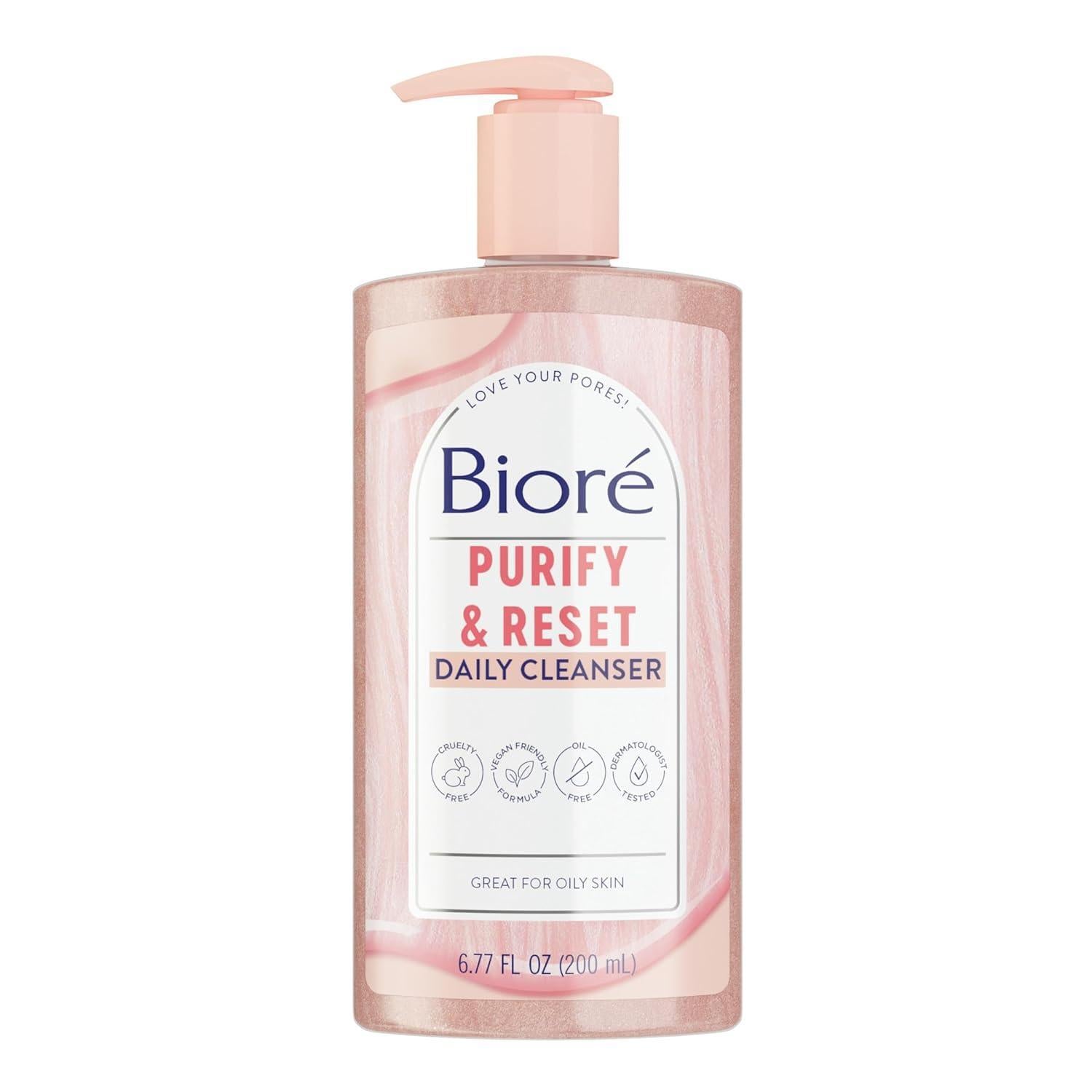Biore Daily Purifying Cleanser, Oil Free Face Wash, Dermatologist Tested Rose Quartz + Charcoal - 6.77 Fl Oz