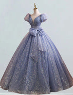 Grey Blue sparkle lace Prom Dress Short sleeve Formal Party Evening Gowns Plus Size Floor Length