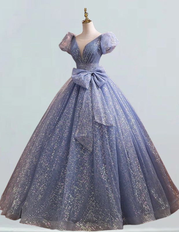 Grey Blue sparkle lace Prom Dress Short sleeve Formal Party Evening Gowns Plus Size Floor Length