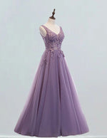 Women's Elegant V-Neck Tulle Prom Dress | Beaded Rhinestone Ball Gown
