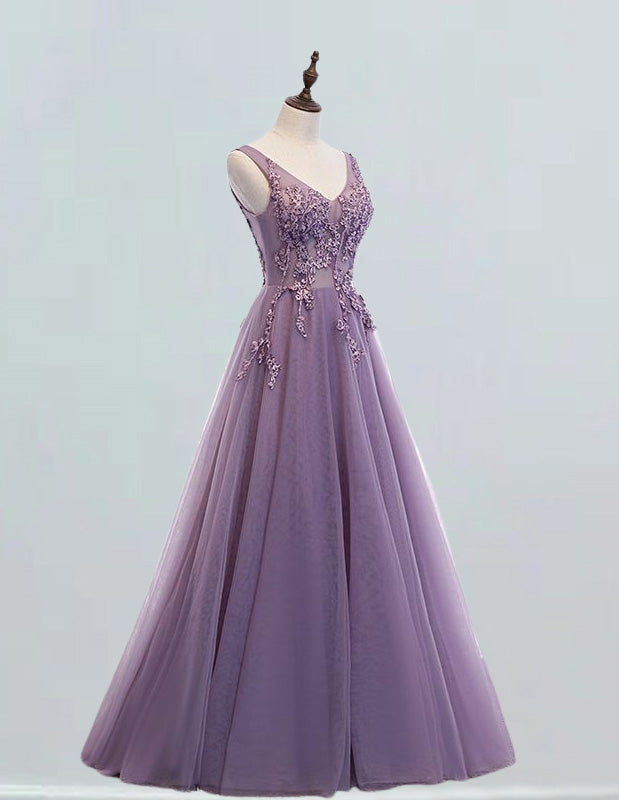 Women's Elegant V-Neck Tulle Prom Dress | Beaded Rhinestone Ball Gown