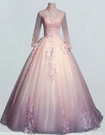 Pink collar long sleeve tulle party dress ball gown lace applique prom dress