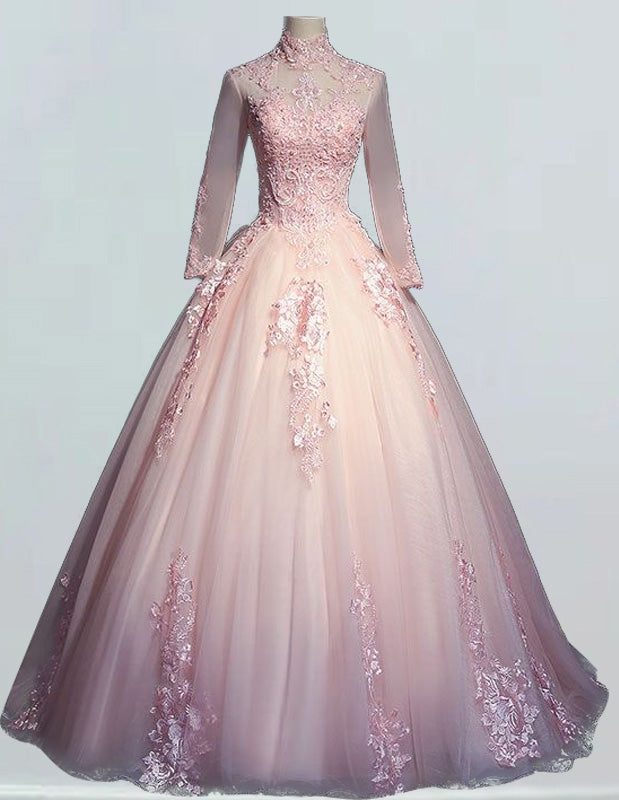 Pink collar long sleeve tulle party dress ball gown lace applique prom dress