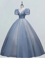 Women's Elegant Blue Sequin V-Neck Prom Dress with Sleeves, Formal Evening Gown