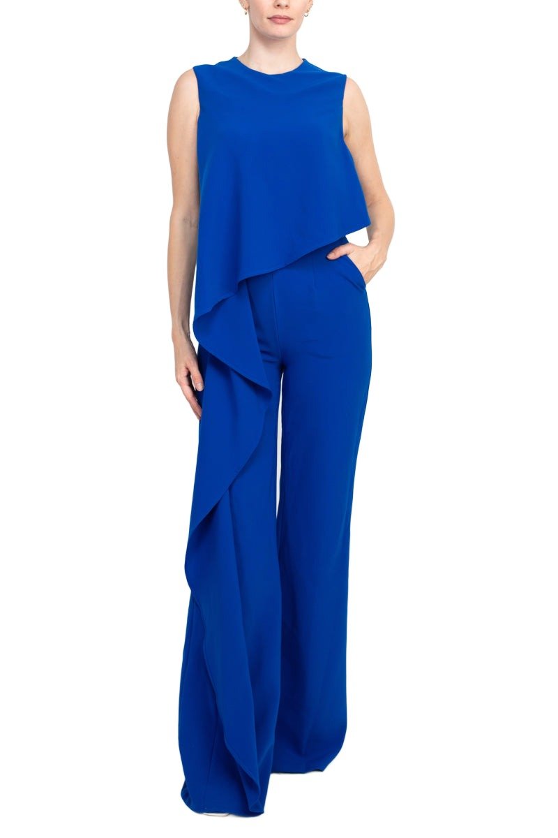 Jovani Ruffle Trim Sleeveless High Waist One - Piece Scoop Neck Crepe Jumpsuit - Glamourous Grace