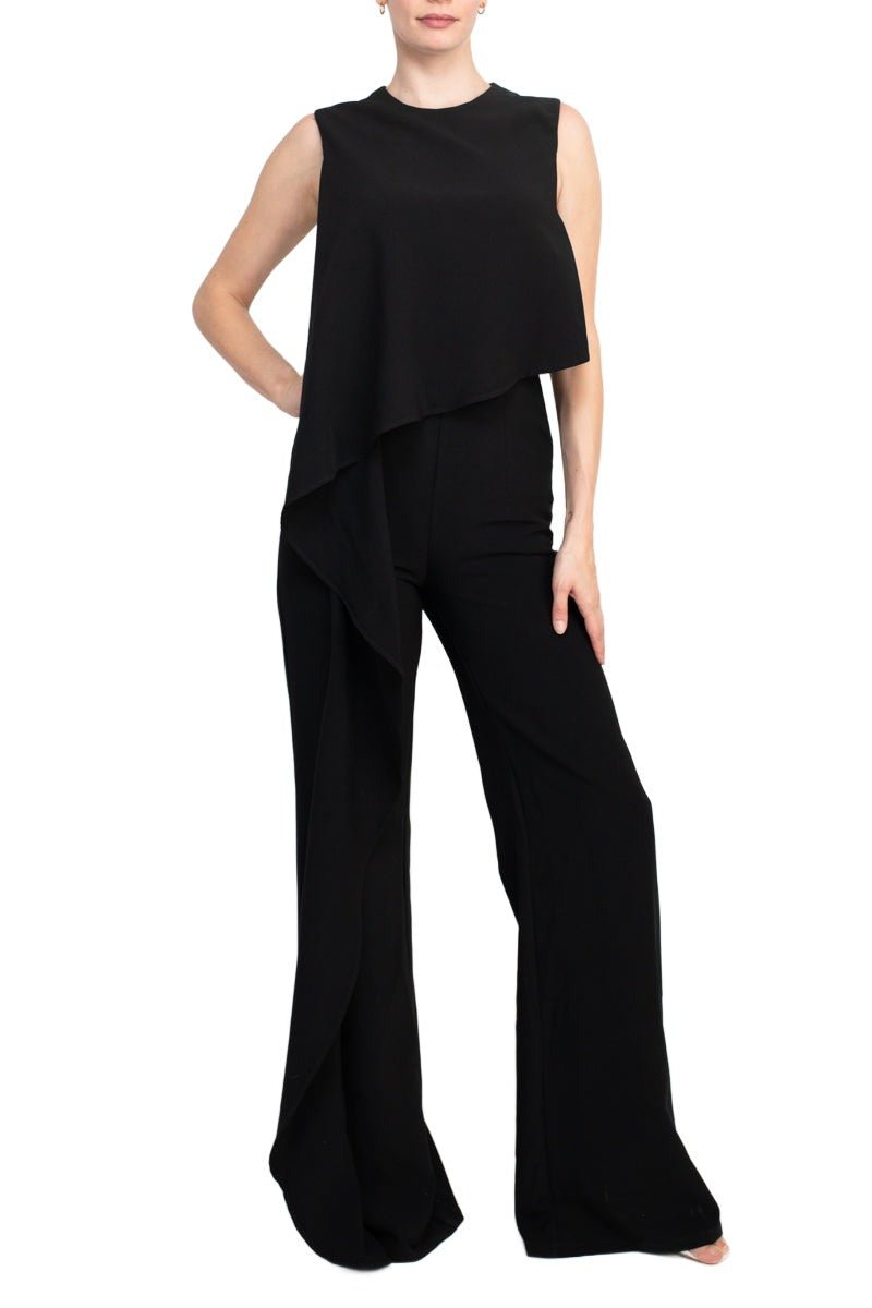 Jovani Ruffle Trim Sleeveless High Waist One - Piece Scoop Neck Crepe Jumpsuit - Glamourous Grace