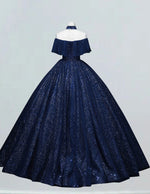 Dark Navy Collar Lace Applique Ball Gown Short sleeve Bridal Gown Princess A line Prom Dress Full Length Long Evening Dress
