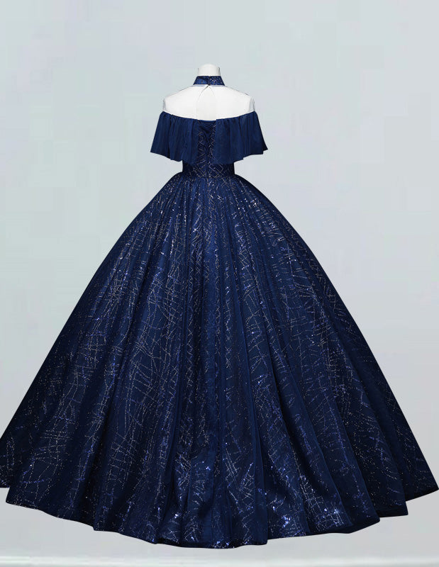 Dark Navy Collar Lace Applique Ball Gown Short sleeve Bridal Gown Princess A line Prom Dress Full Length Long Evening Dress