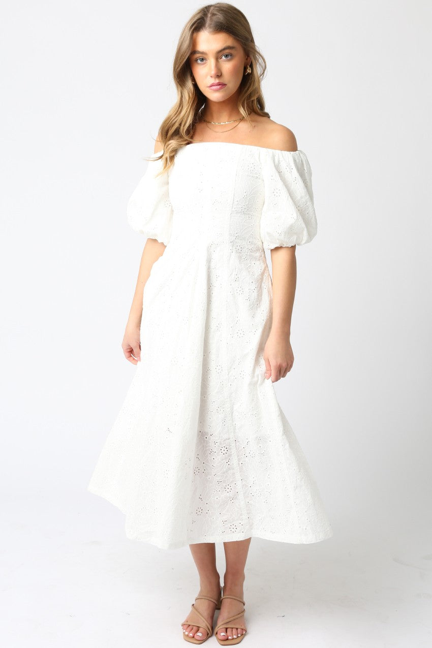 Gracie Eyelet Puff Sleeve Midi Dress | White