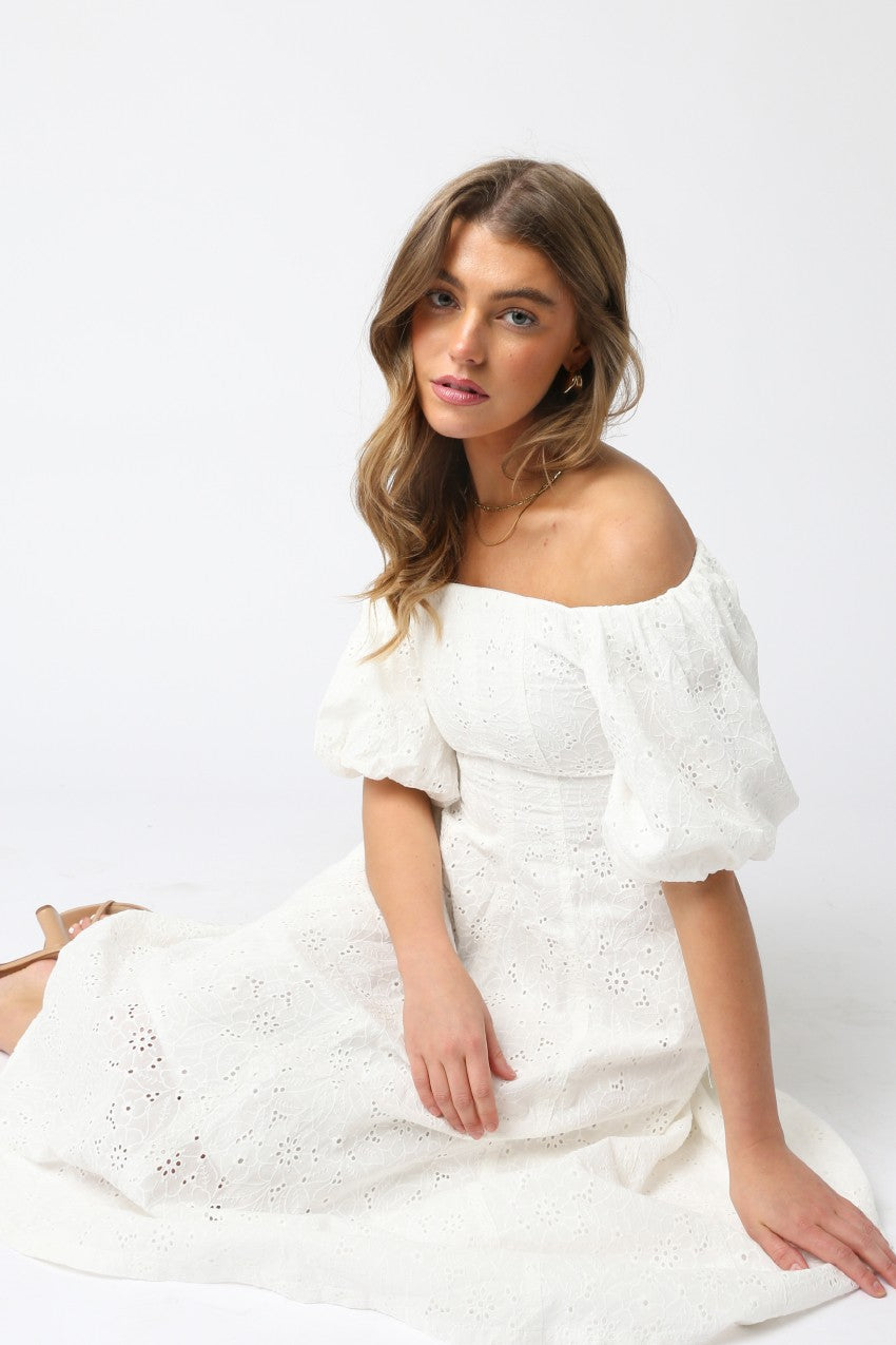 Gracie Eyelet Puff Sleeve Midi Dress | White