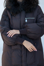 Dakota Genuine Fur Trim Down Fill Coat in Chocolate