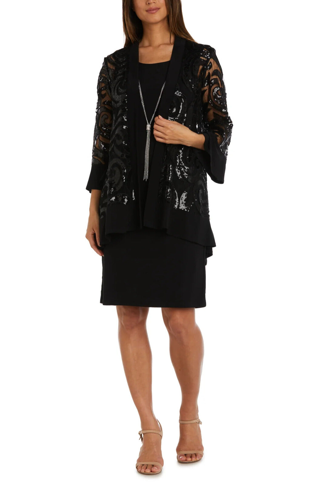 R&M Richards Scoop Neckline 3/4 Sleeves Pullover Jersey Dress with Sequin Dress