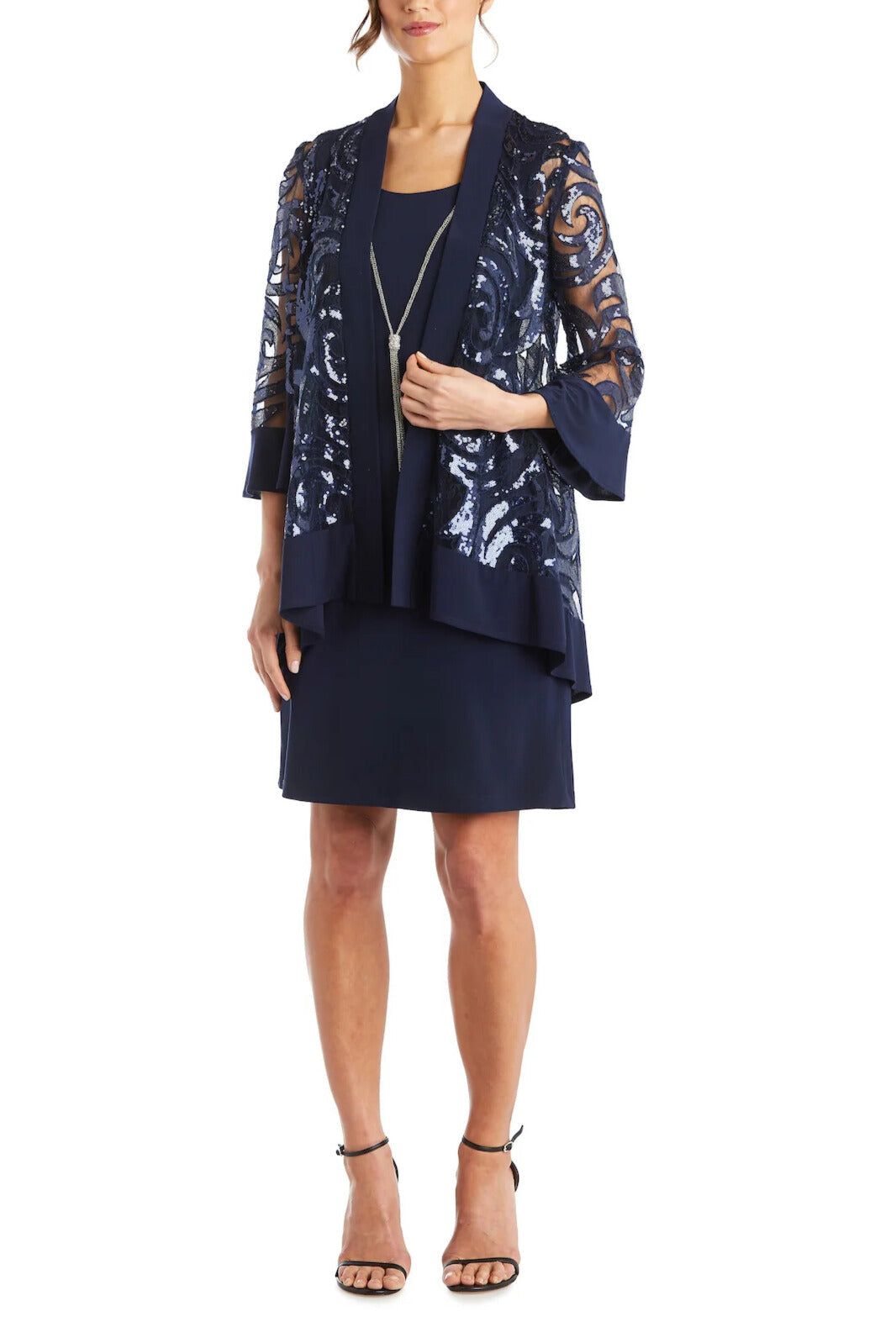 R&M Richards Scoop Neckline 3/4 Sleeves Pullover Jersey Dress with Sequin Dress
