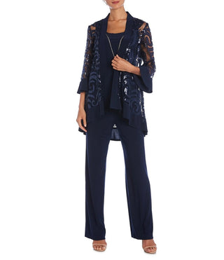 R&M Richards Scoop Neckline Top Sequin Jacket Straight Hemline Pant Suit Set Dress with Detachable Necklace