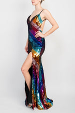 Jovani V - Neckline Dainty Straps Slit Front Bodycon Sequins Gown - Glamourous Grace