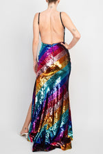 Jovani V - Neckline Dainty Straps Slit Front Bodycon Sequins Gown - Glamourous Grace