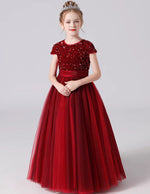 Burgundy short sleeve velvet long tulle flower girl dress