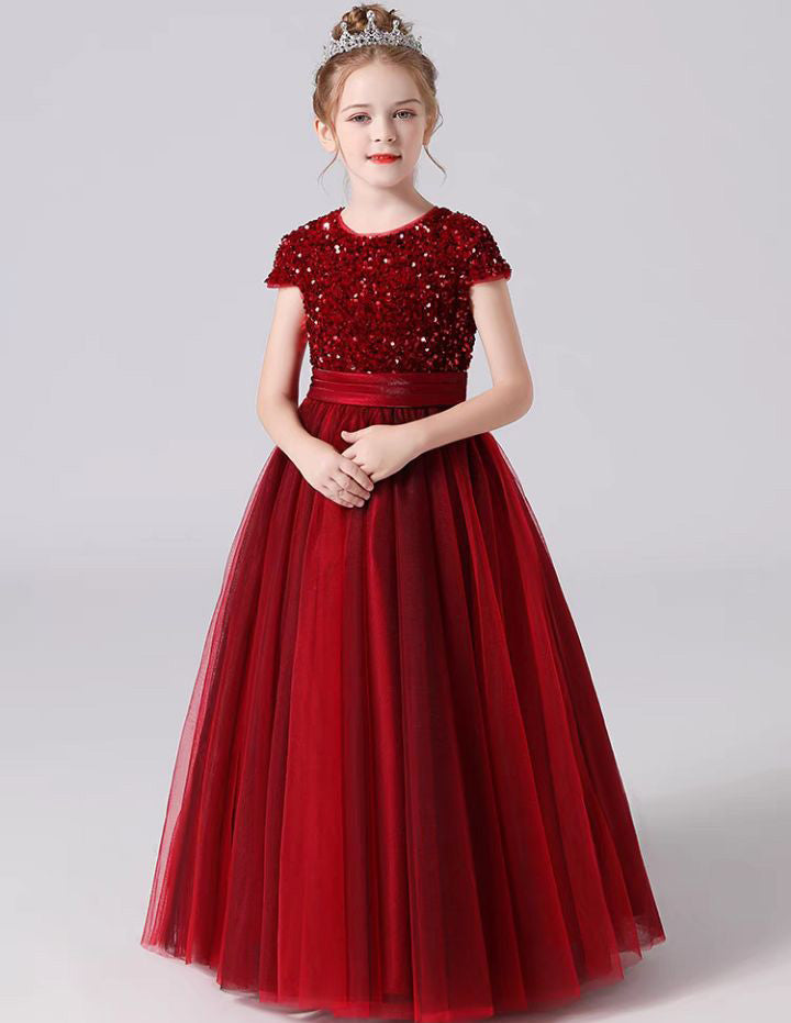 Burgundy short sleeve velvet long tulle flower girl dress