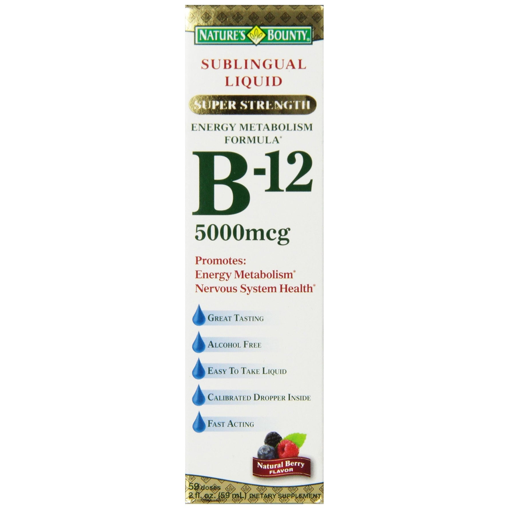 Nature's Bounty B-12 Sublingual Liquid, Super Strength, Natural Berry Flavor, 5000 Mcg, 2 Fl Oz (59 Ml)