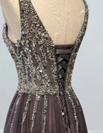 Gray v neck straps beaded prom dress crystal rhinestone long tulle ball gowns evening formal dress