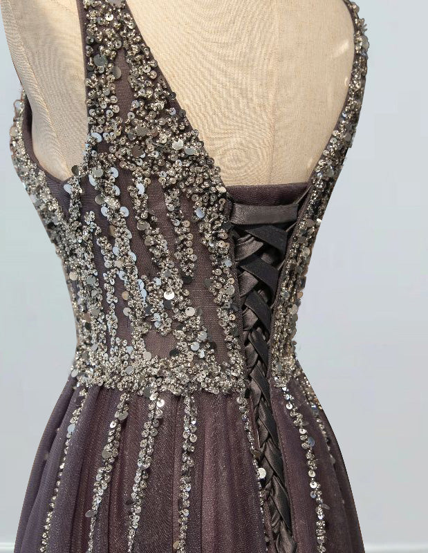 Gray v neck straps beaded prom dress crystal rhinestone long tulle ball gowns evening formal dress