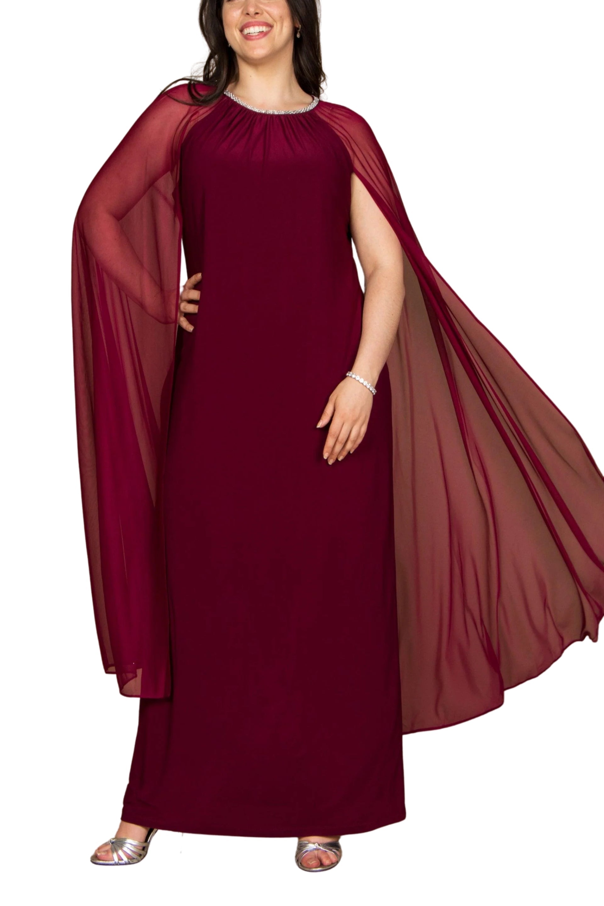 R&M Richards Pearl Bead Round Neckline Gown Dress with Cape (Plus Size)