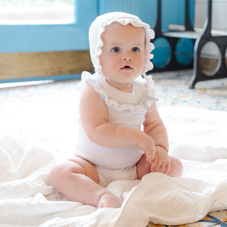 Organic Ruffle Sweater Romper and Bonnet Set - By Baano