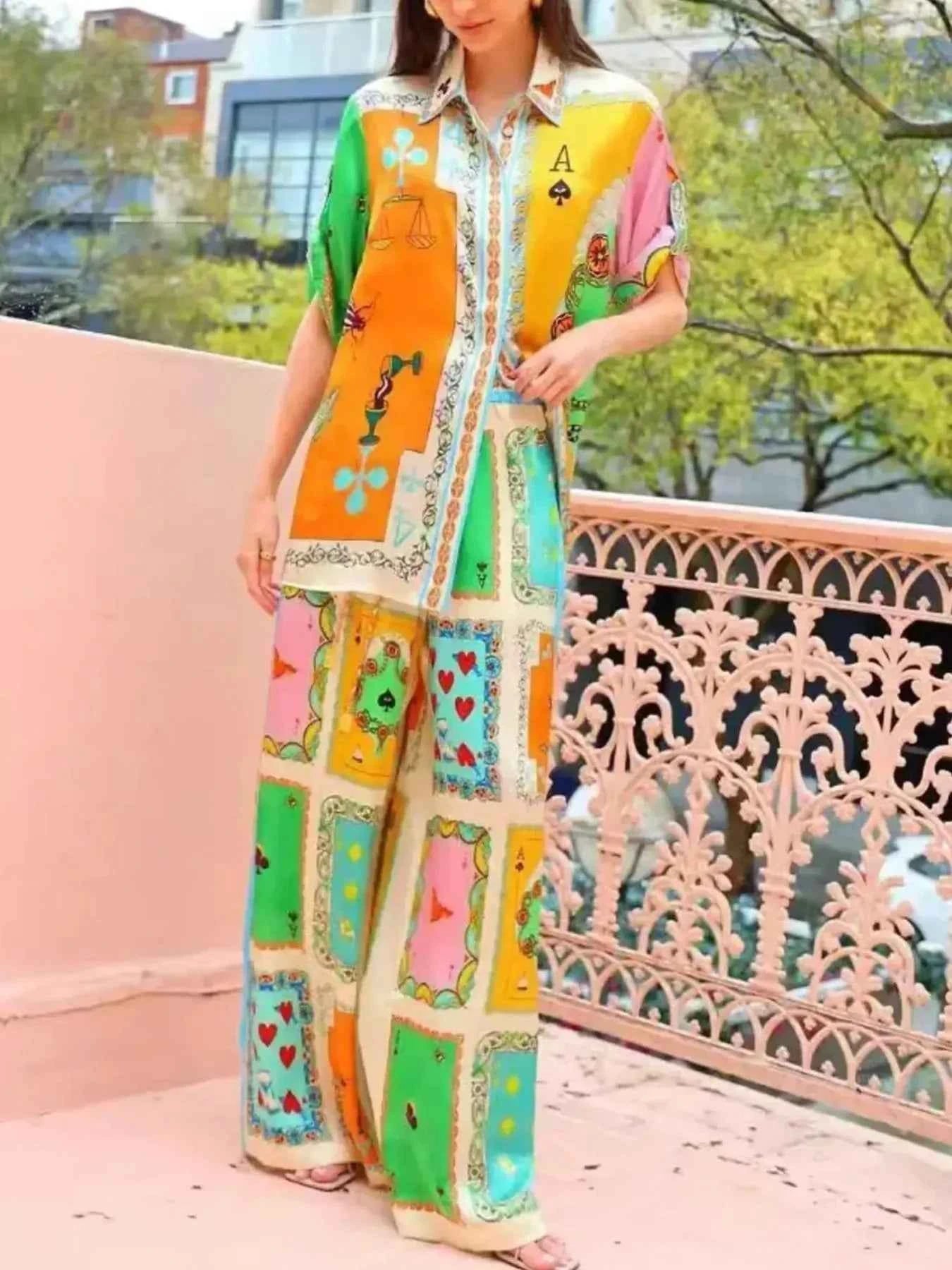 Colorful Print Shirt and Pants Two-Piece Set