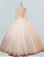 ChampagneTulle Wedding Ball Gown,Floral Lace Party Dress For Girls,Long sleeve princess party prom dress gown,Floor length Graduation Ball Dress