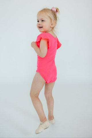 Neon Pink S/S Flutter Sleeve Leotard - By Baano