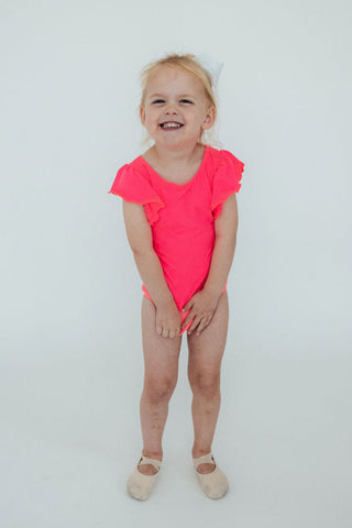 Neon Pink S/S Flutter Sleeve Leotard - By Baano