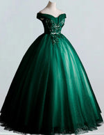 Off-Shoulder Green Tulle Prom Dress | Lace Applique Fairy Ball Gown for Women