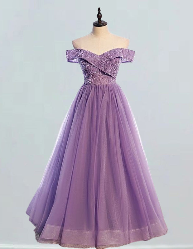 Lilac off the shoulder beading long tulle ball gown quinceanera dress