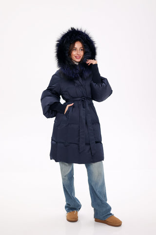 Genuine Fox Fur Trim Down Coat in Royal Blue - By Baano