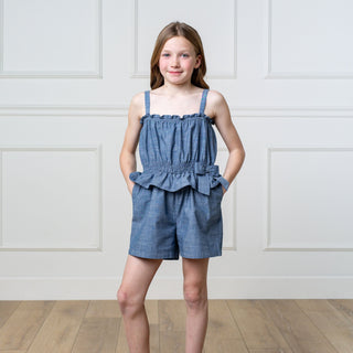 Organic Smocked Waist Chambray Romper - Glamourous Grace