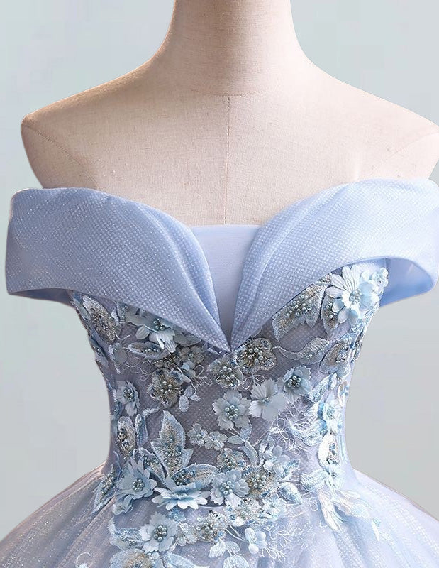 Elegant Blue Lace Applique Off-Shoulder Prom Dress | Sparkle Tulle Evening Gown
