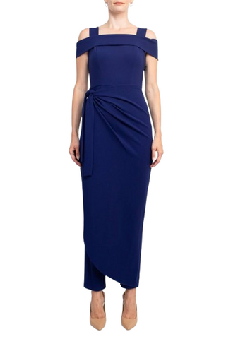 Marina Square Neck Off Shoulder Tie Side Zipper Back Faux Sarong Overlay Crepe Jumpsuit - By Baano