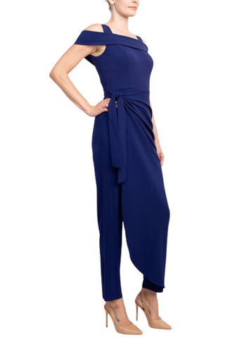 Marina Square Neck Off Shoulder Tie Side Zipper Back Faux Sarong Overlay Crepe Jumpsuit - By Baano