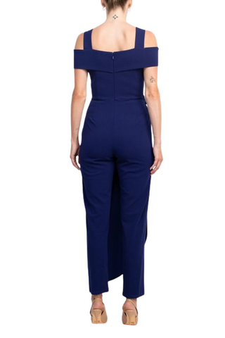 Marina Square Neck Off Shoulder Tie Side Zipper Back Faux Sarong Overlay Crepe Jumpsuit - By Baano