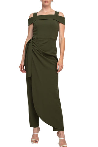 Marina Square Neck Off Shoulder Tie Side Zipper Back Faux Sarong Overlay Crepe Jumpsuit - By Baano