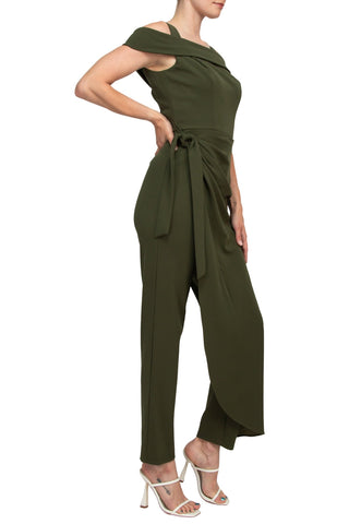 Marina Square Neck Off Shoulder Tie Side Zipper Back Faux Sarong Overlay Crepe Jumpsuit - By Baano