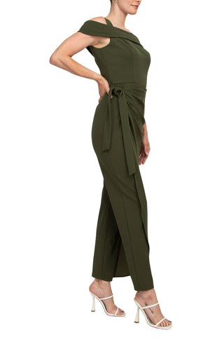 Marina Square Neck Off Shoulder Tie Side Zipper Back Faux Sarong Overlay Crepe Jumpsuit - By Baano
