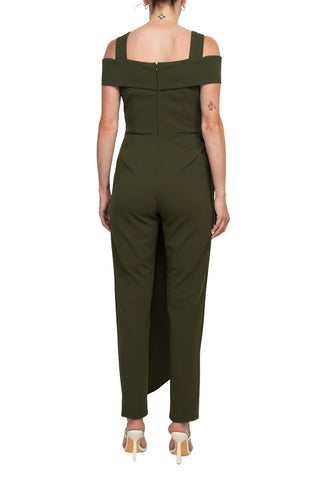 Marina Square Neck Off Shoulder Tie Side Zipper Back Faux Sarong Overlay Crepe Jumpsuit - By Baano