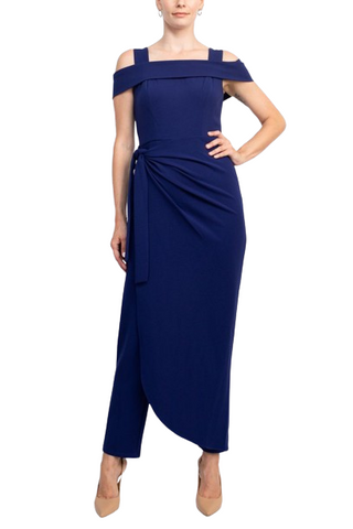 Marina Square Neck Off Shoulder Tie Side Zipper Back Faux Sarong Overlay Crepe Jumpsuit - By Baano