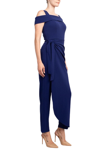 Marina Square Neck Off Shoulder Tie Side Zipper Back Faux Sarong Overlay Crepe Jumpsuit - By Baano