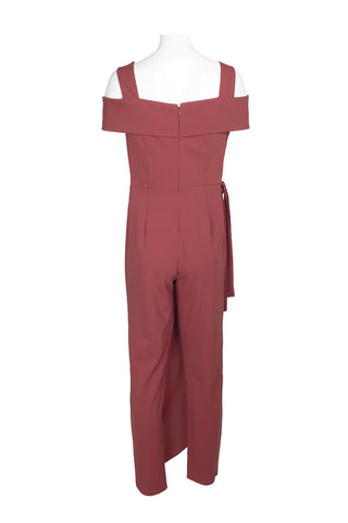 Marina Square Neck Off Shoulder Tie Side Zipper Back Faux Sarong Overlay Crepe Jumpsuit - By Baano